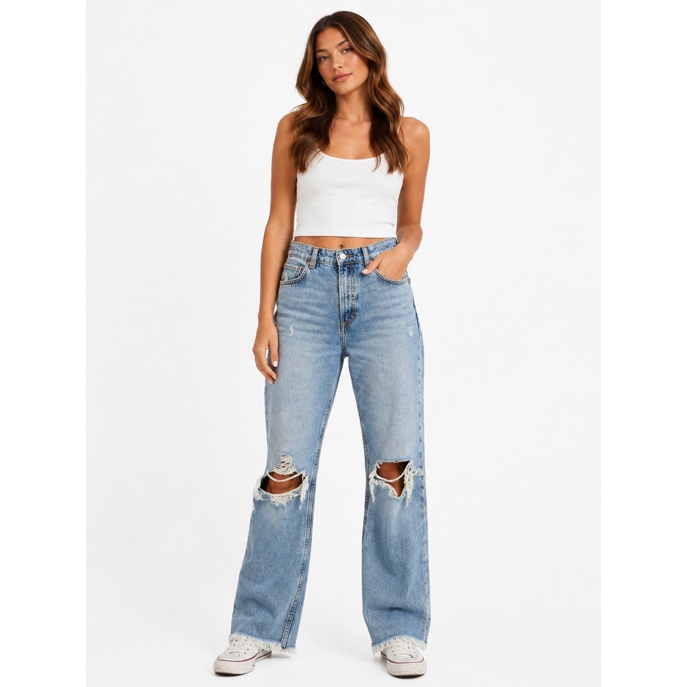 H&M &Denim Boyfriend Jeans Womens 8 Blue Distressed Low Waist Raw Hem Grunge